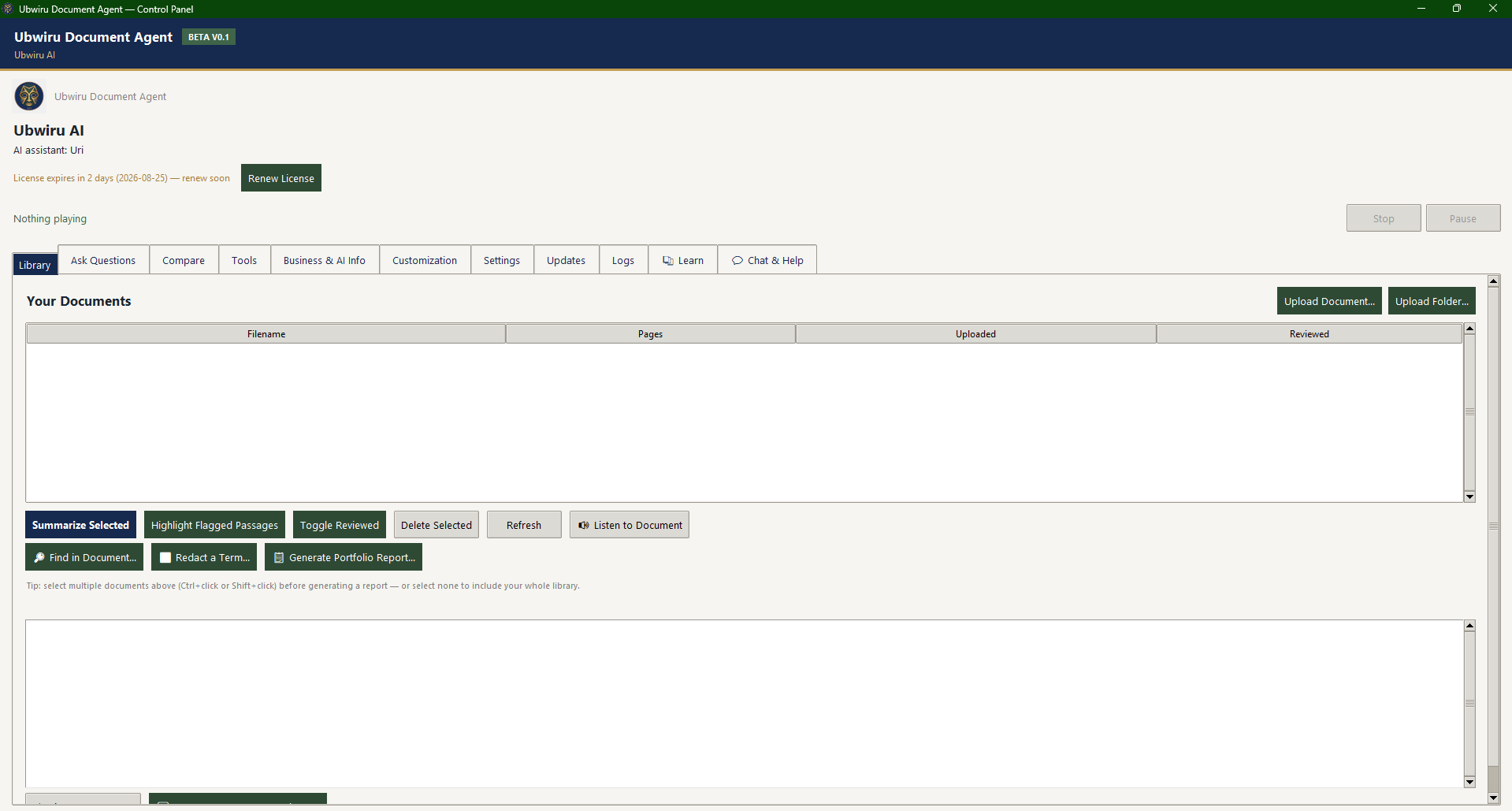 Screenshot of the Ubwiru Document Agent interface