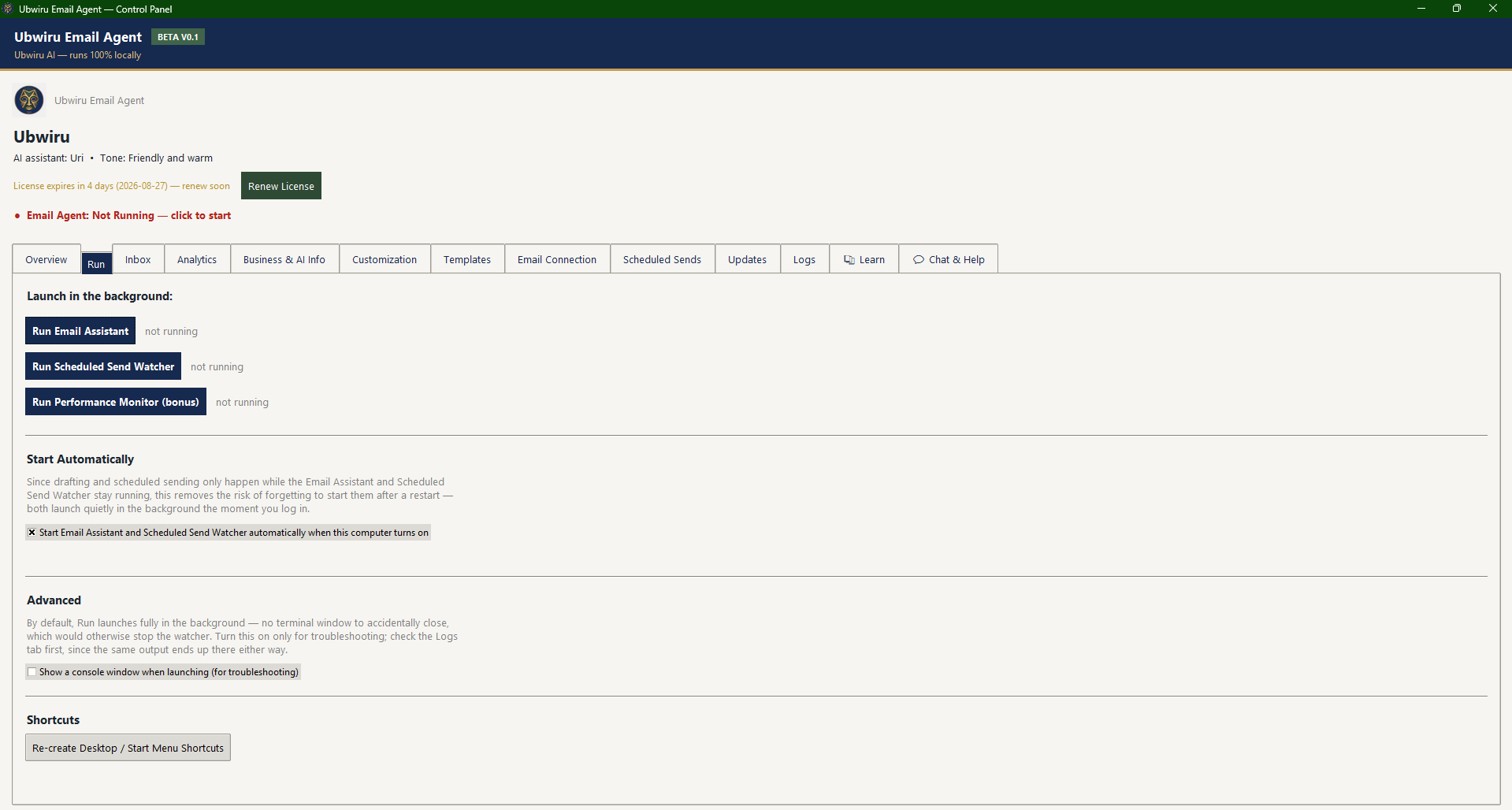 Screenshot of the Ubwiru Email Agent interface
