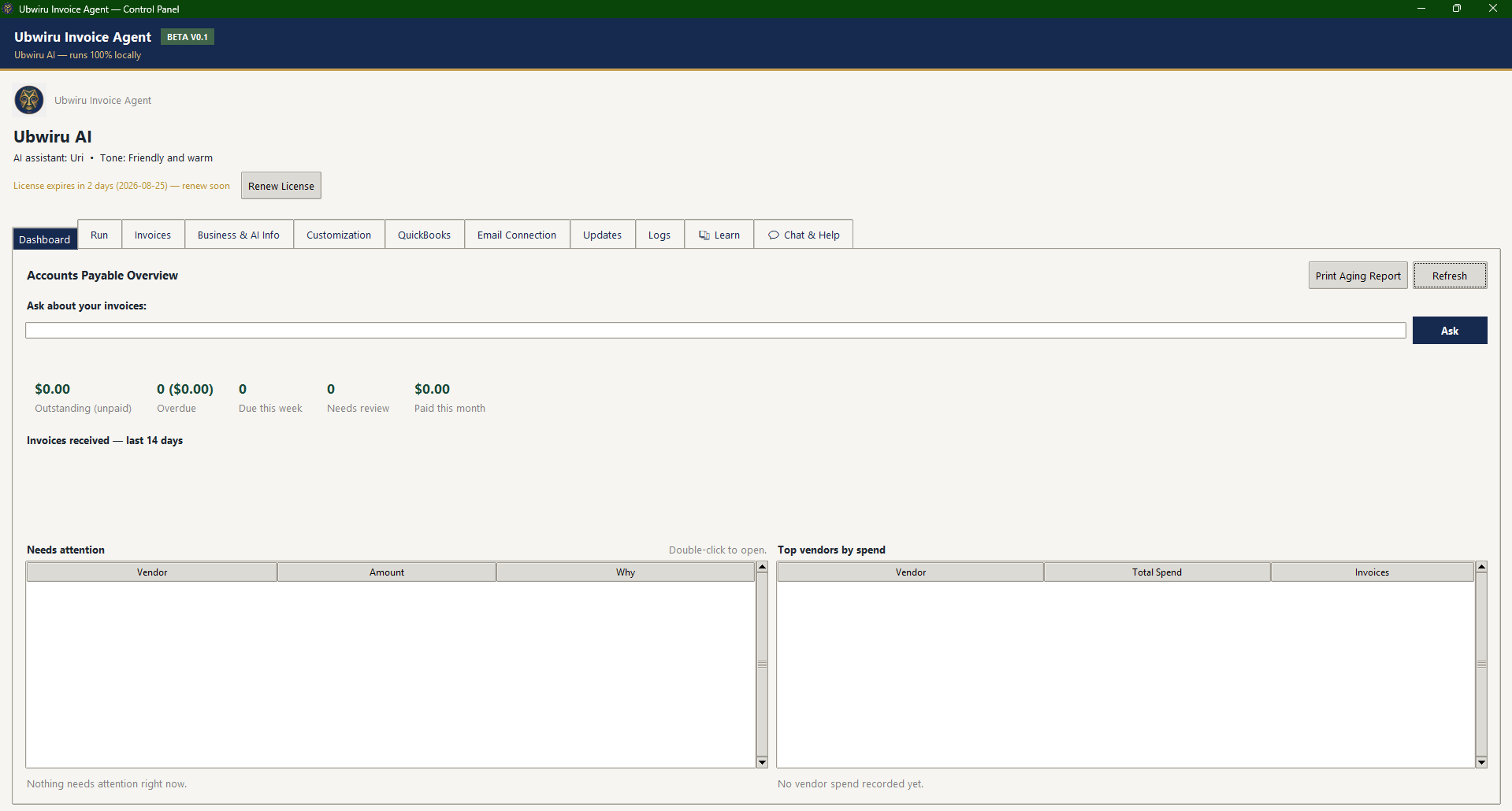 Screenshot of the Ubwiru Invoice Agent interface