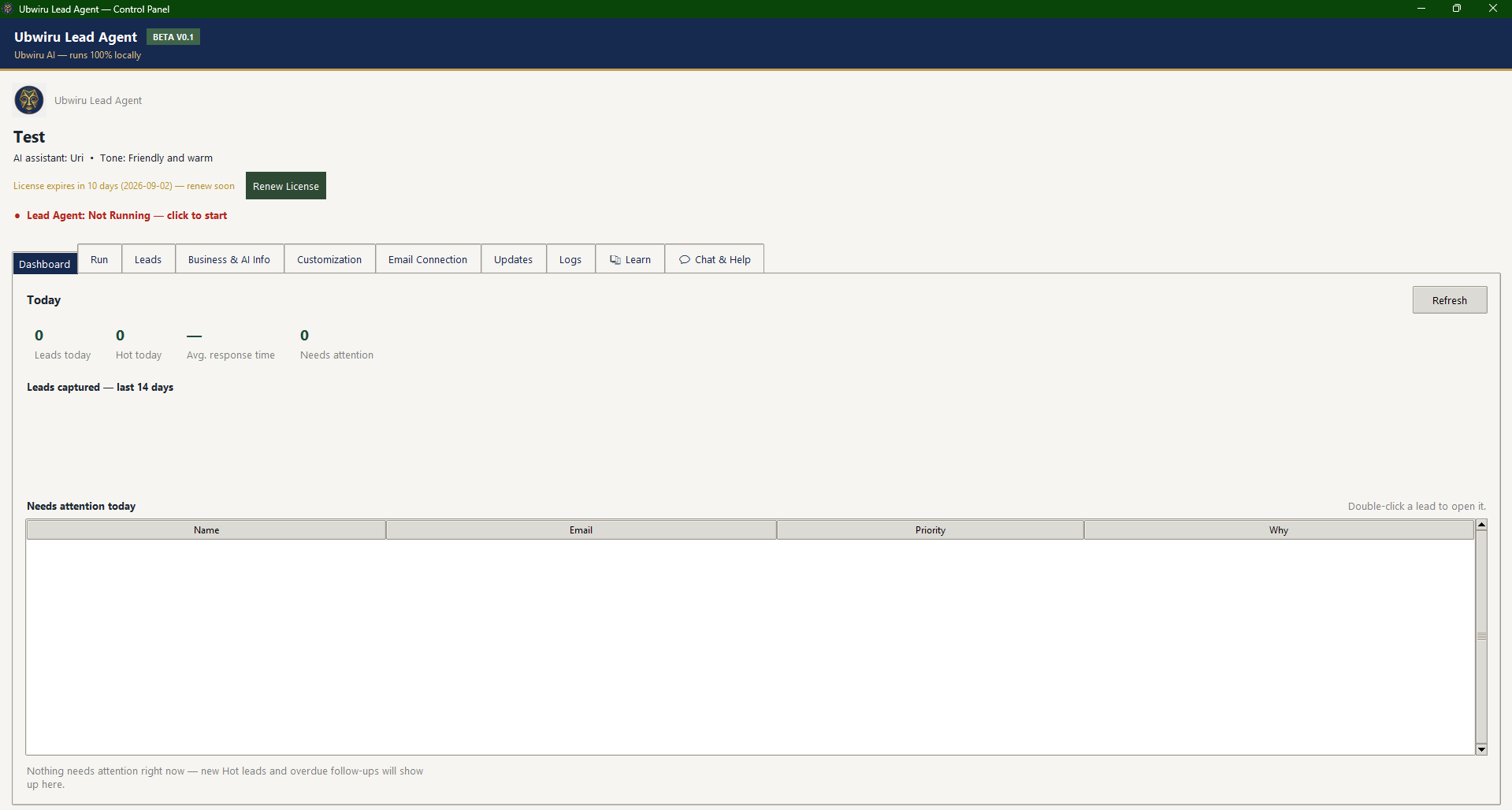 Screenshot of the Ubwiru Lead Agent interface
