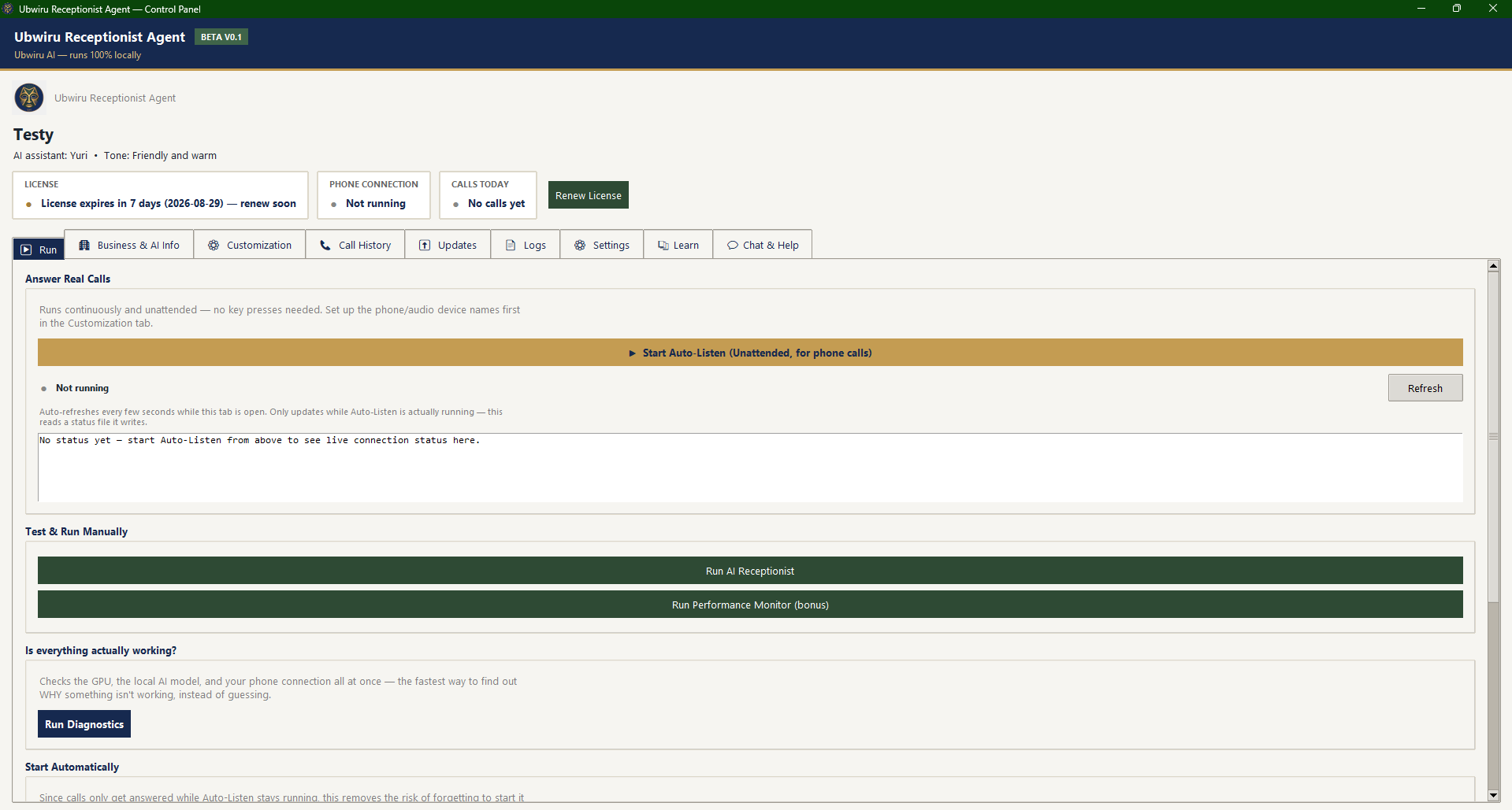 Screenshot of the Ubwiru Receptionist Agent interface
